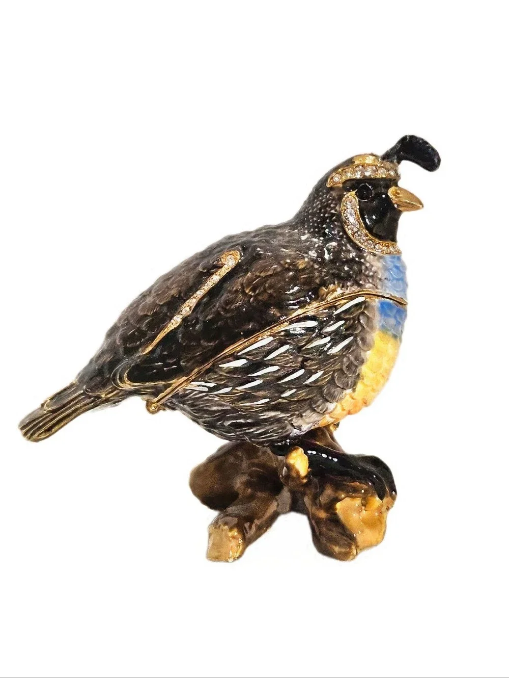 Bejeweled Quail Bird Perched On A Log Trinket Box